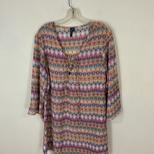 PortoCruz Colorful Semi-Sheer  Tunic Top with Lace Up Neck Size XL